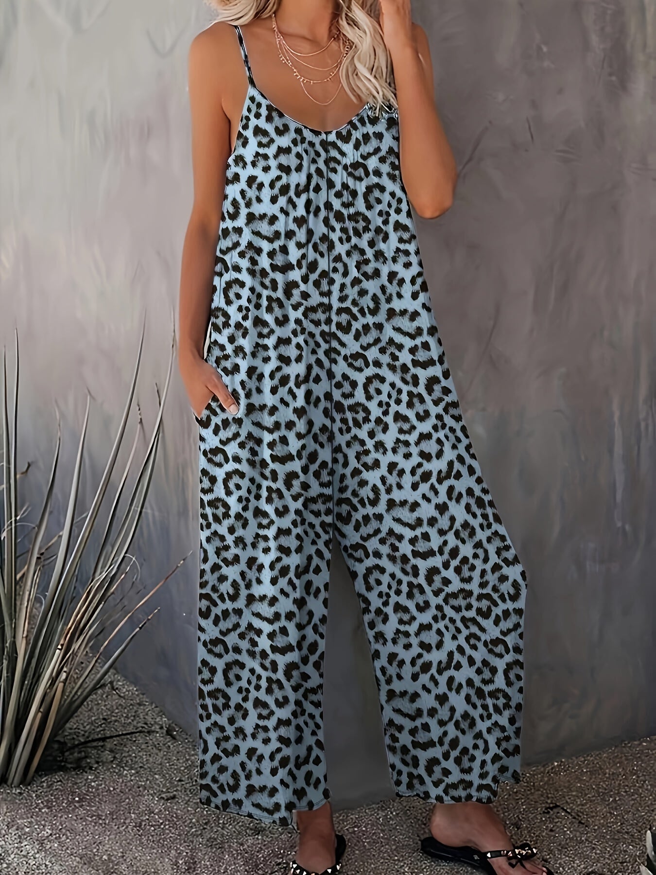 New Women'S Casual Sleeveless Jumpsuit with Leopard Print, Pockets, And a Loose Fit