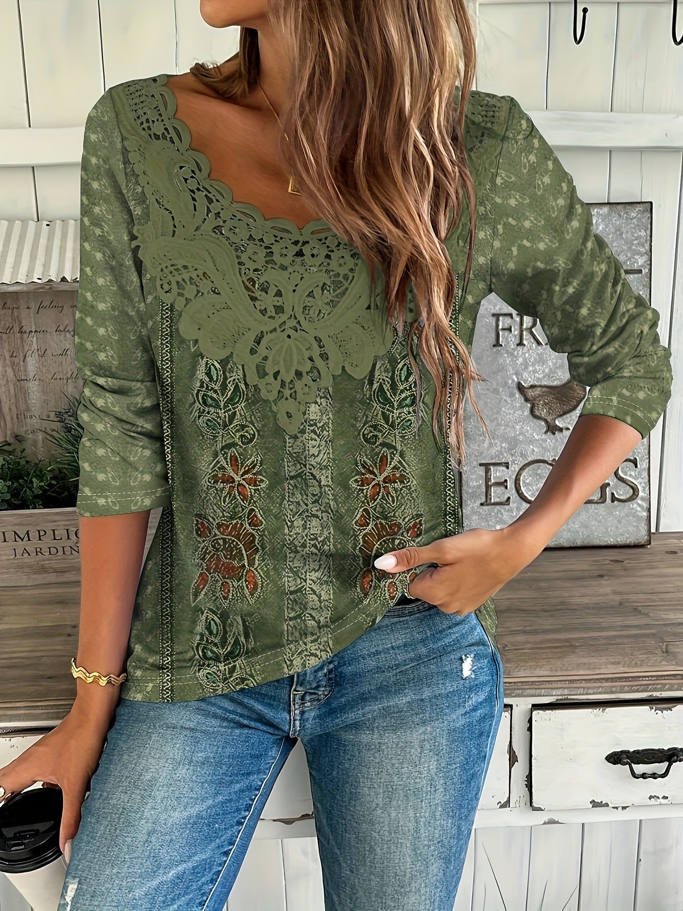 ELISE™ | Printed Long-Sleeve Lace-Collar Top