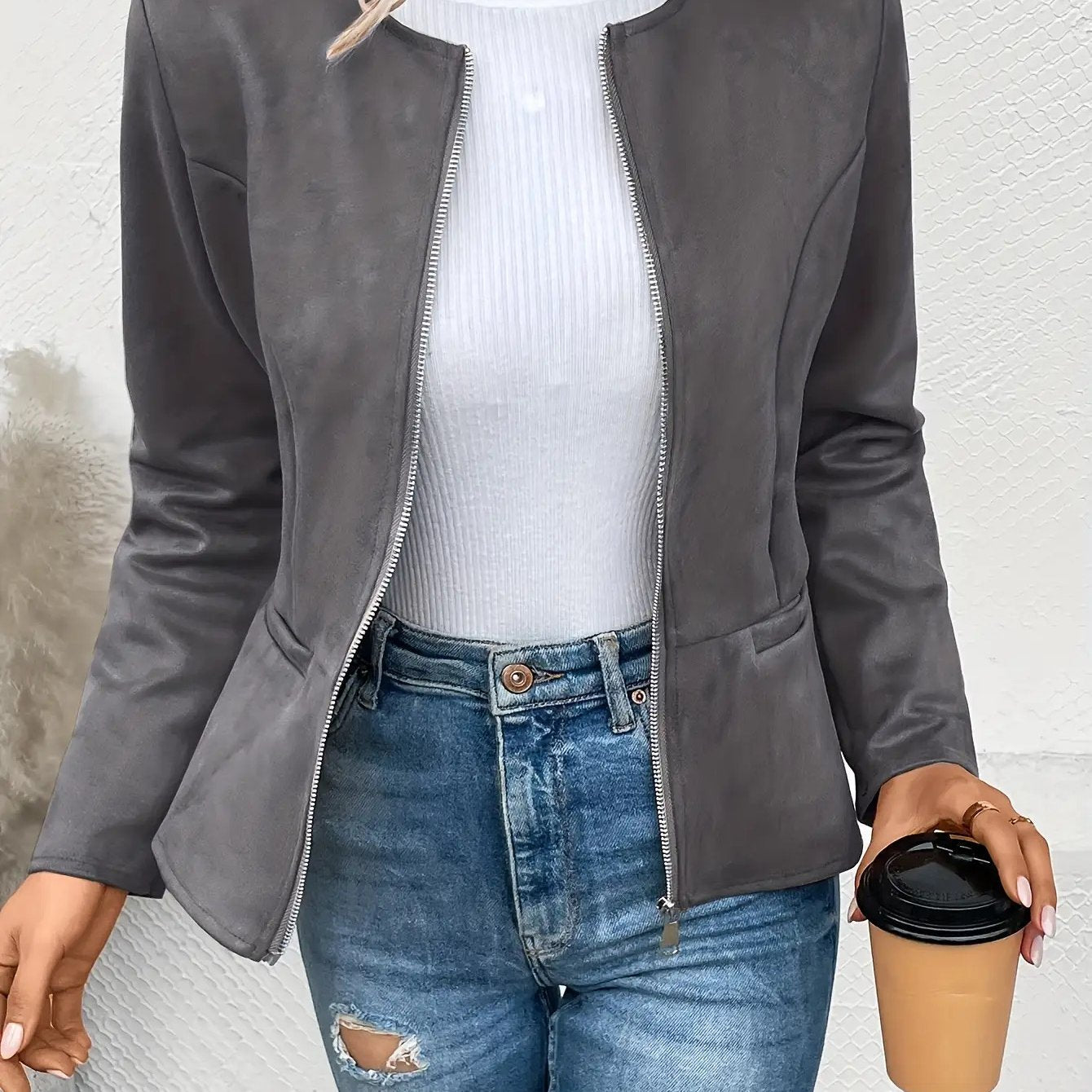 ADELE™ | Casual Zip-Up Round-Neck Leather Jacket