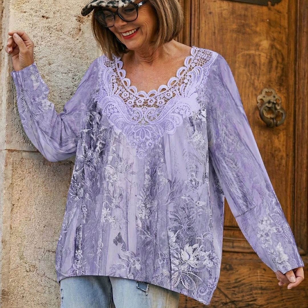 LORETTA™ | Plus-Size Paisley Lace-Trim Long-Sleeve Top