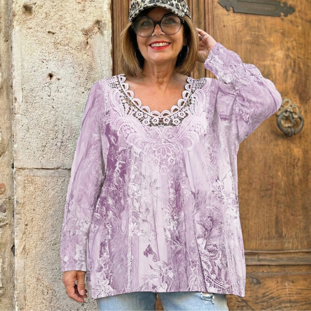 LORETTA™ | Plus-Size Paisley Lace-Trim Long-Sleeve Top