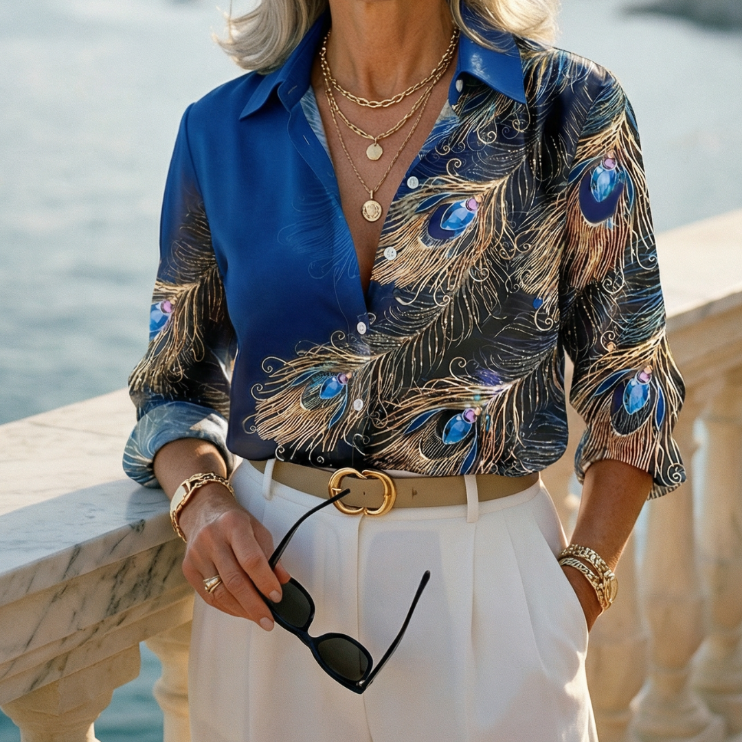 AVALON™ | Elegant Peacock Print Button-Front Blouse