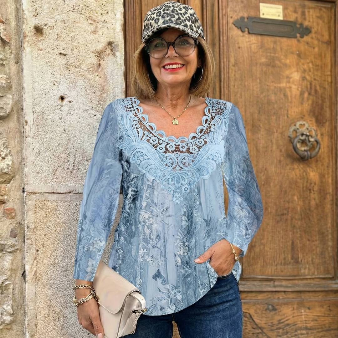 LORETTA™ | Plus-Size Paisley Lace-Trim Long-Sleeve Top