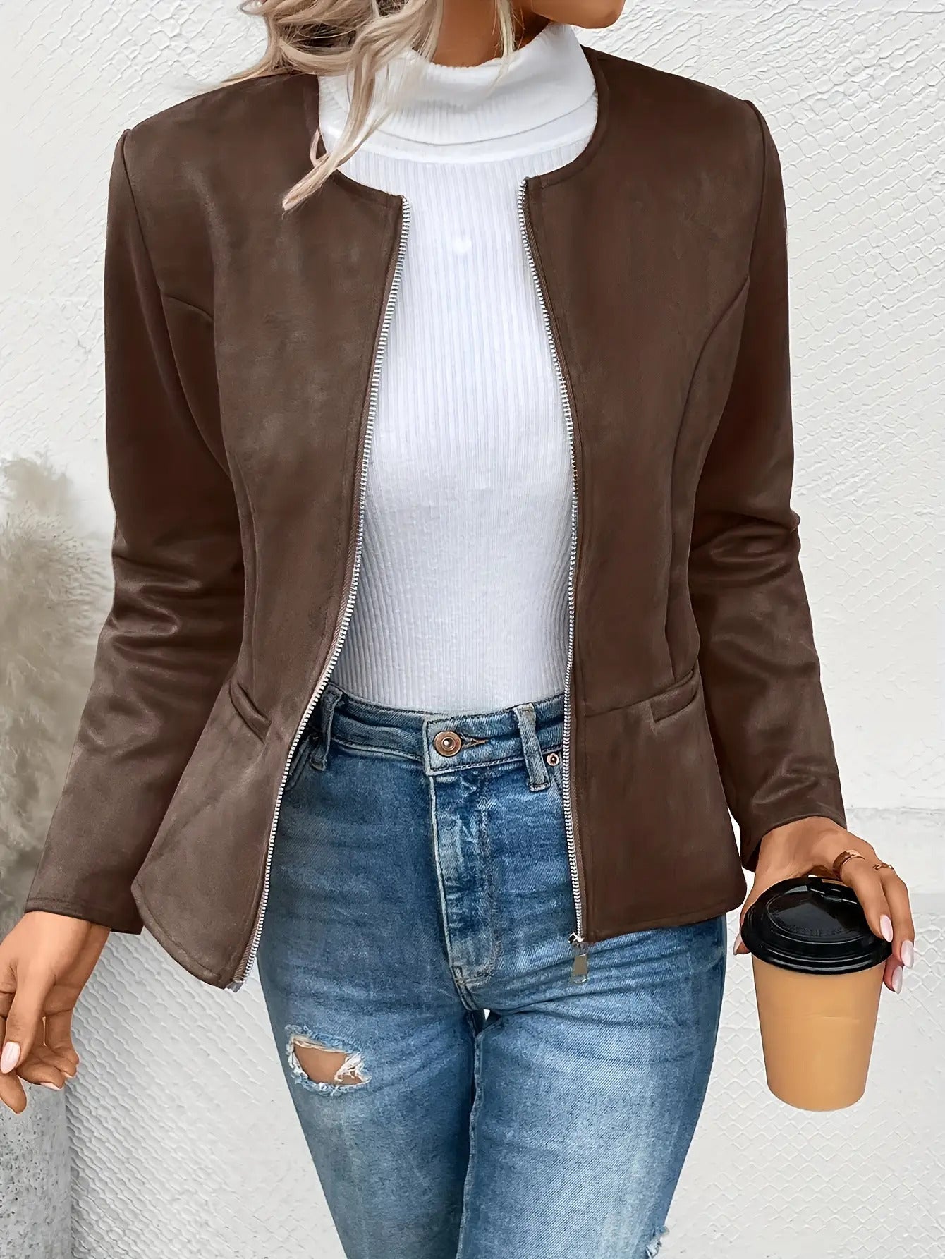 ADELE™ | Casual Zip-Up Round-Neck Leather Jacket