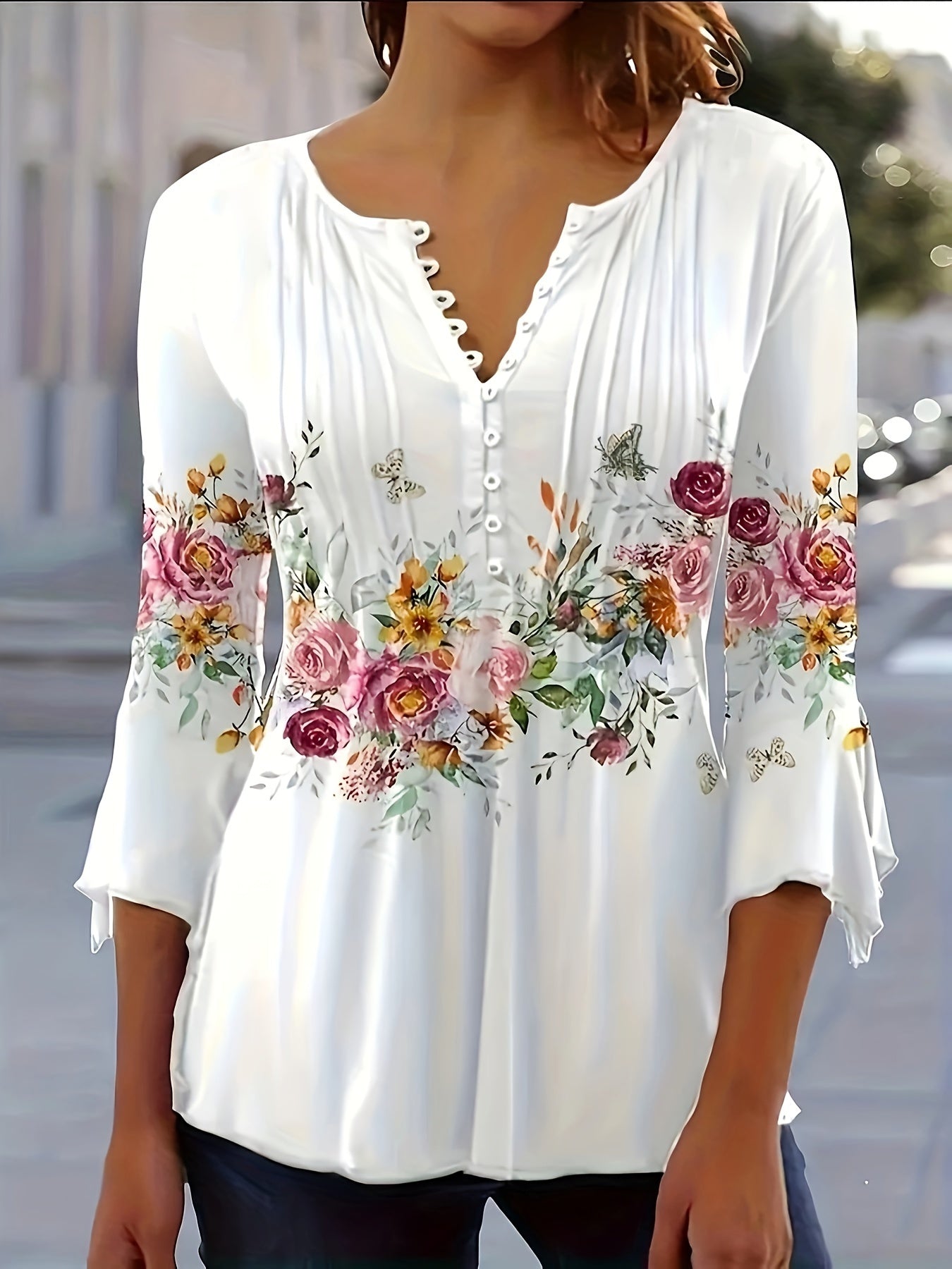 CORINNE™ | Floral Notched-Neck Button-Front Blouse