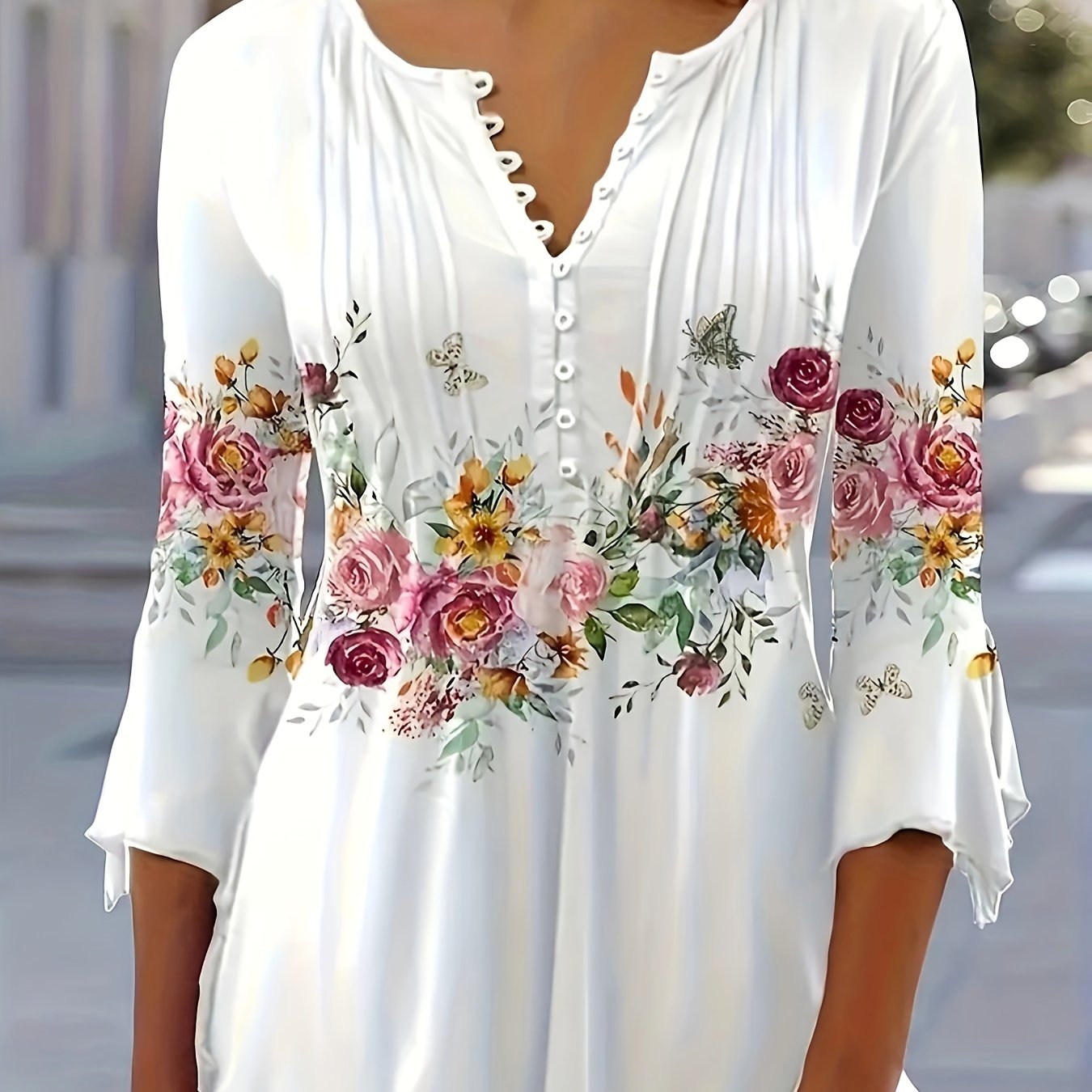CORINNE™ | Floral Notched-Neck Button-Front Blouse