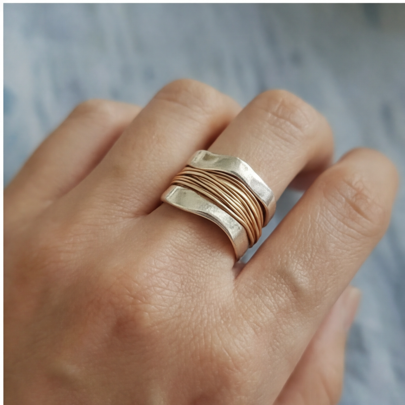 Silver Golden Threads Ring