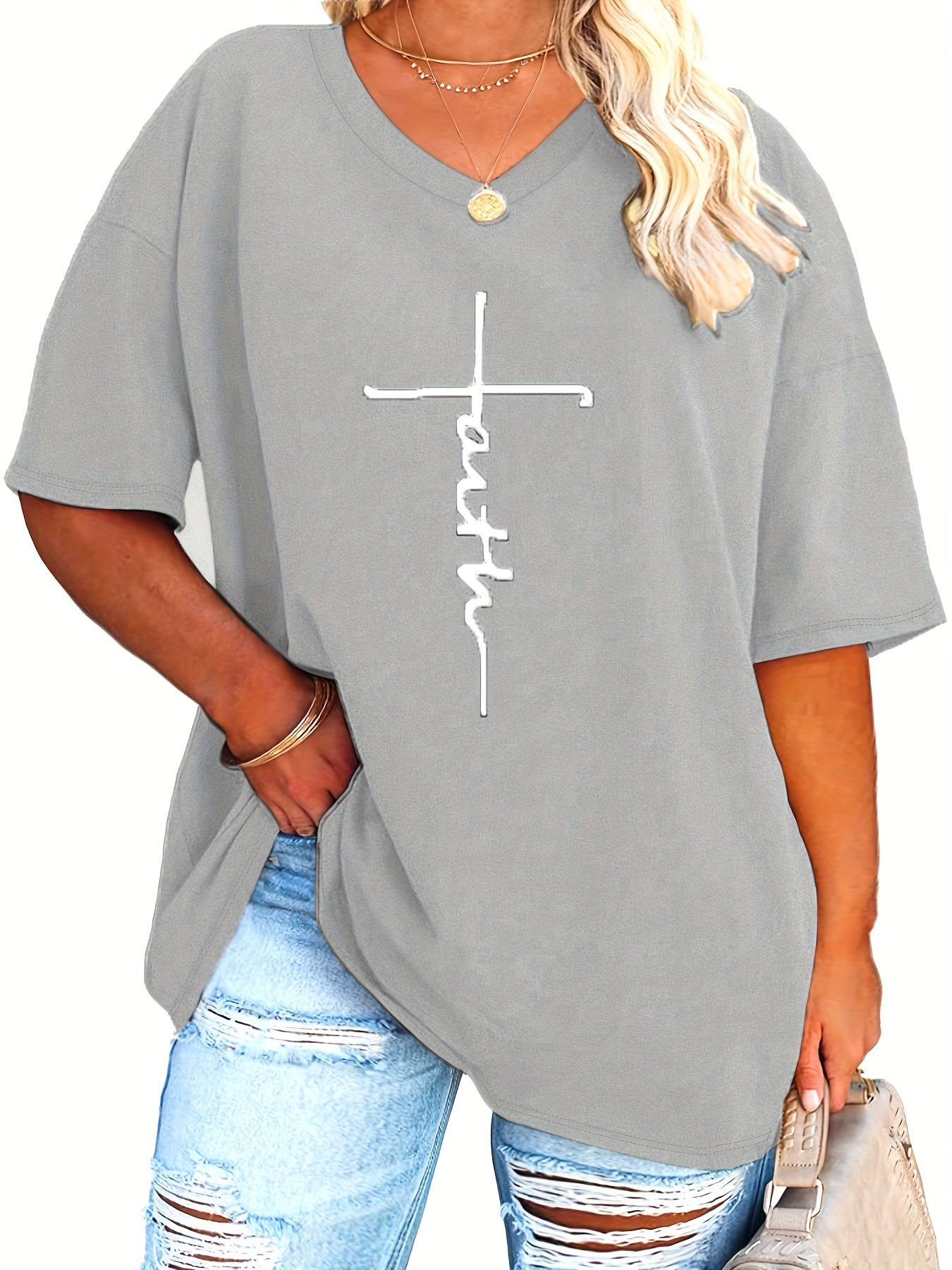 SERENA™ | Plus‑Size Casual V‑Neck Faith Tee