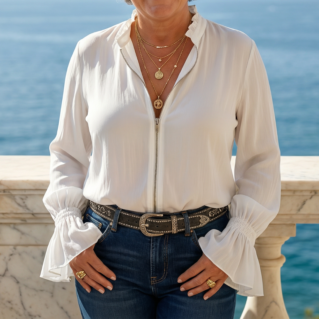 Blaire | Zip-Front Blouse With Flounce Cuffs