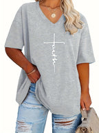 SERENA™ | Plus‑Size Casual V‑Neck Faith Tee