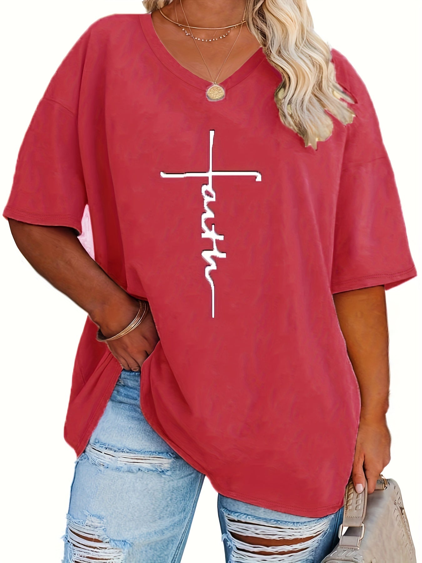 SERENA™ | Plus‑Size Casual V‑Neck Faith Tee