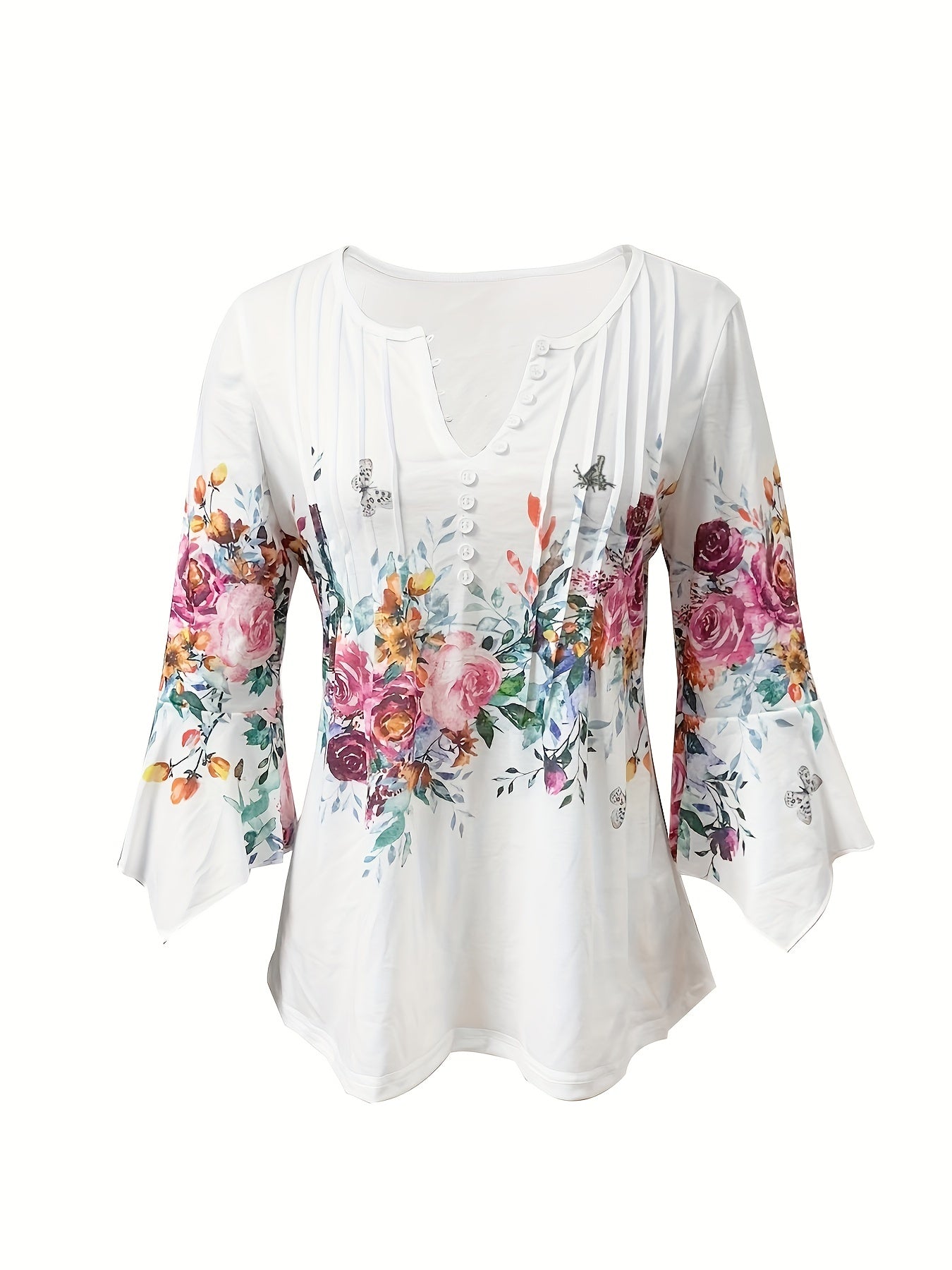 CORINNE™ | Floral Notched-Neck Button-Front Blouse