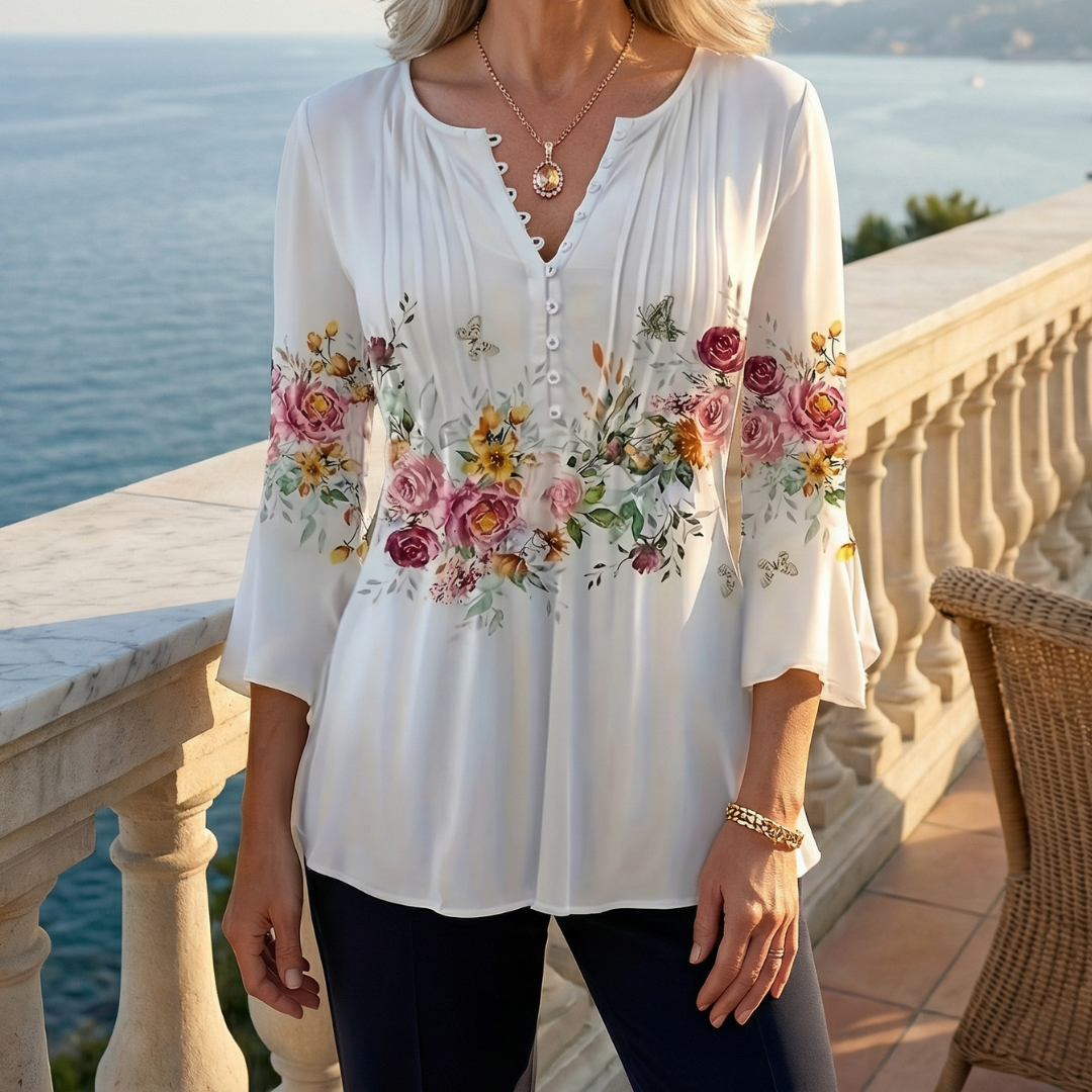 CORINNE™ | Floral Notched-Neck Button-Front Blouse