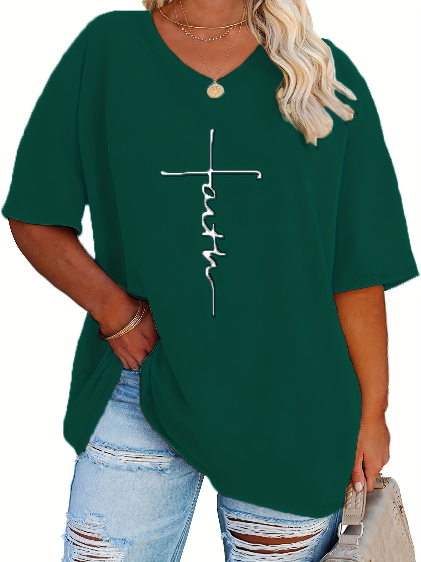 SERENA™ | Plus‑Size Casual V‑Neck Faith Tee