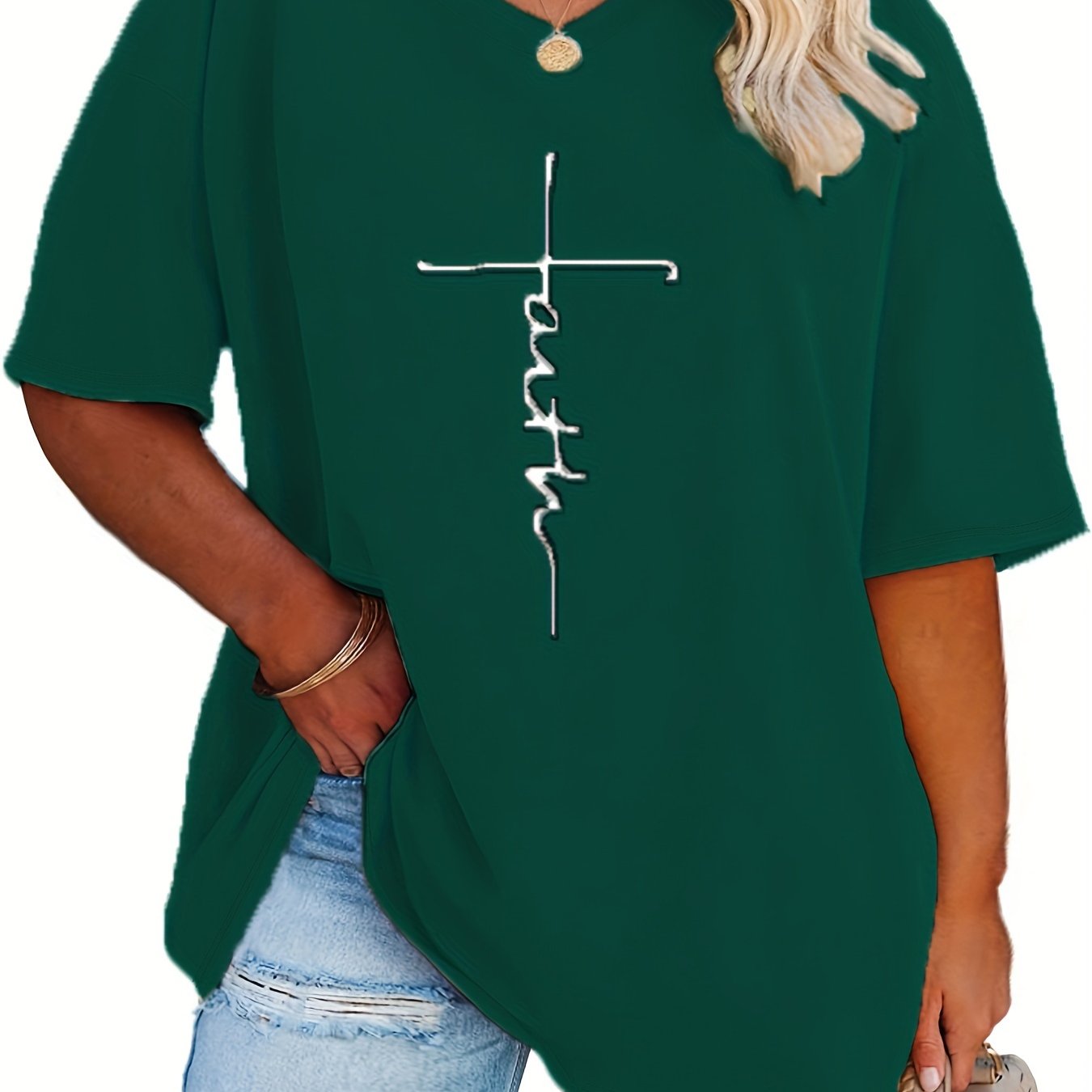 SERENA™ | Plus‑Size Casual V‑Neck Faith Tee