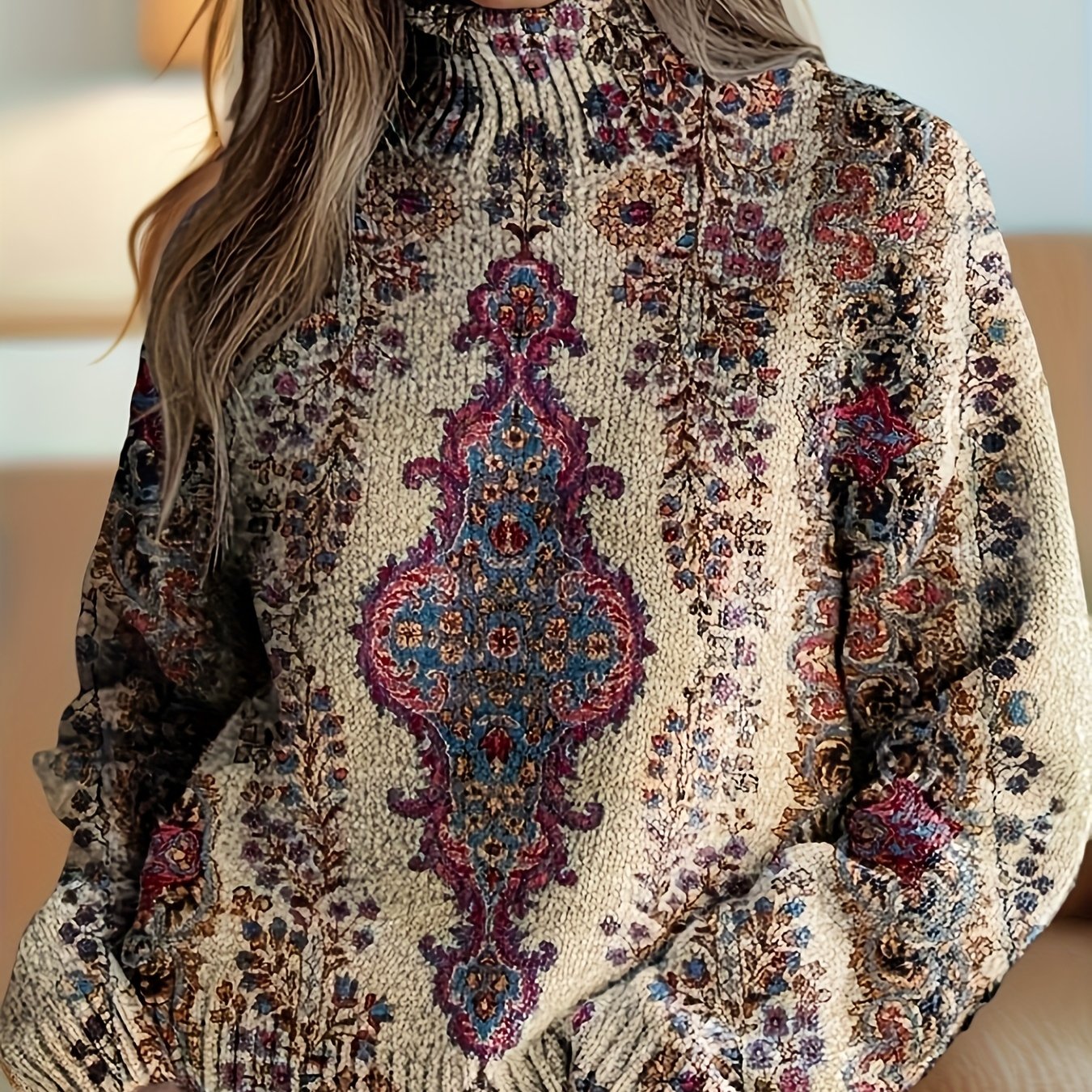 FLORENCIA™ | Vintage Floral Art Turtleneck Pullover