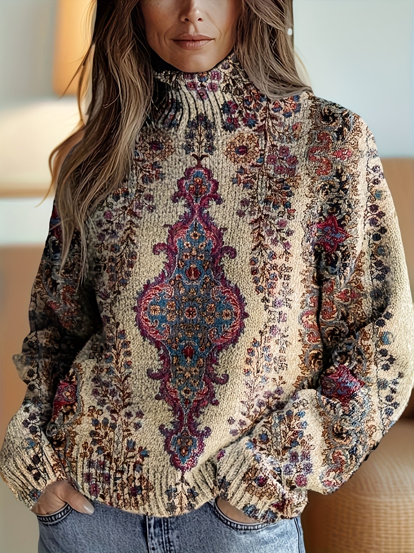 FLORENCIA™ | Vintage Floral Art Turtleneck Pullover