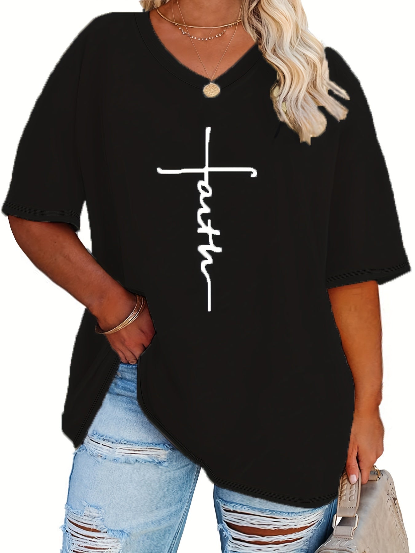 SERENA™ | Plus‑Size Casual V‑Neck Faith Tee